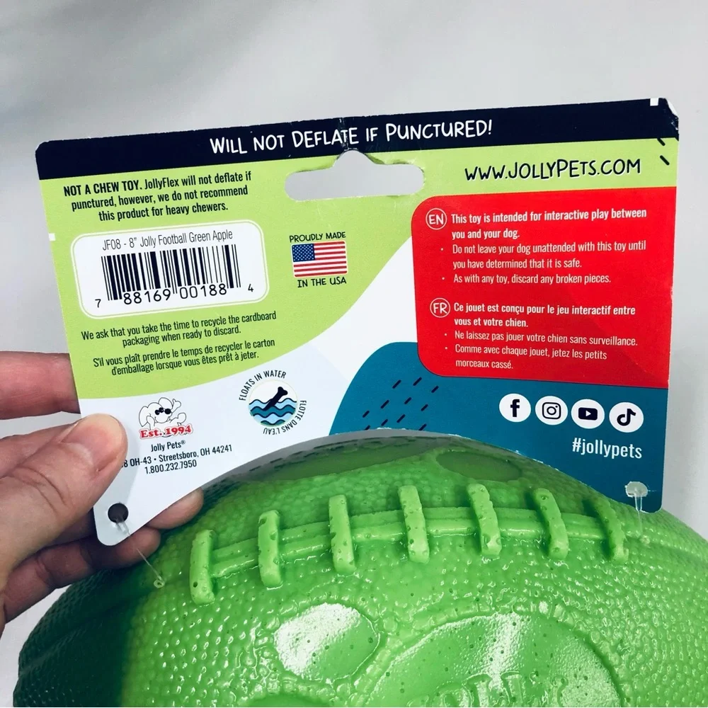 NEW JOLLY PETS Dog Toy Football 8” for Medium to Large Dog Green Apple